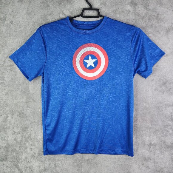 Men's Blue Marvel Captain America Shield Shirt 100% Polyester Short Sleeve L - Picture 2 of 9